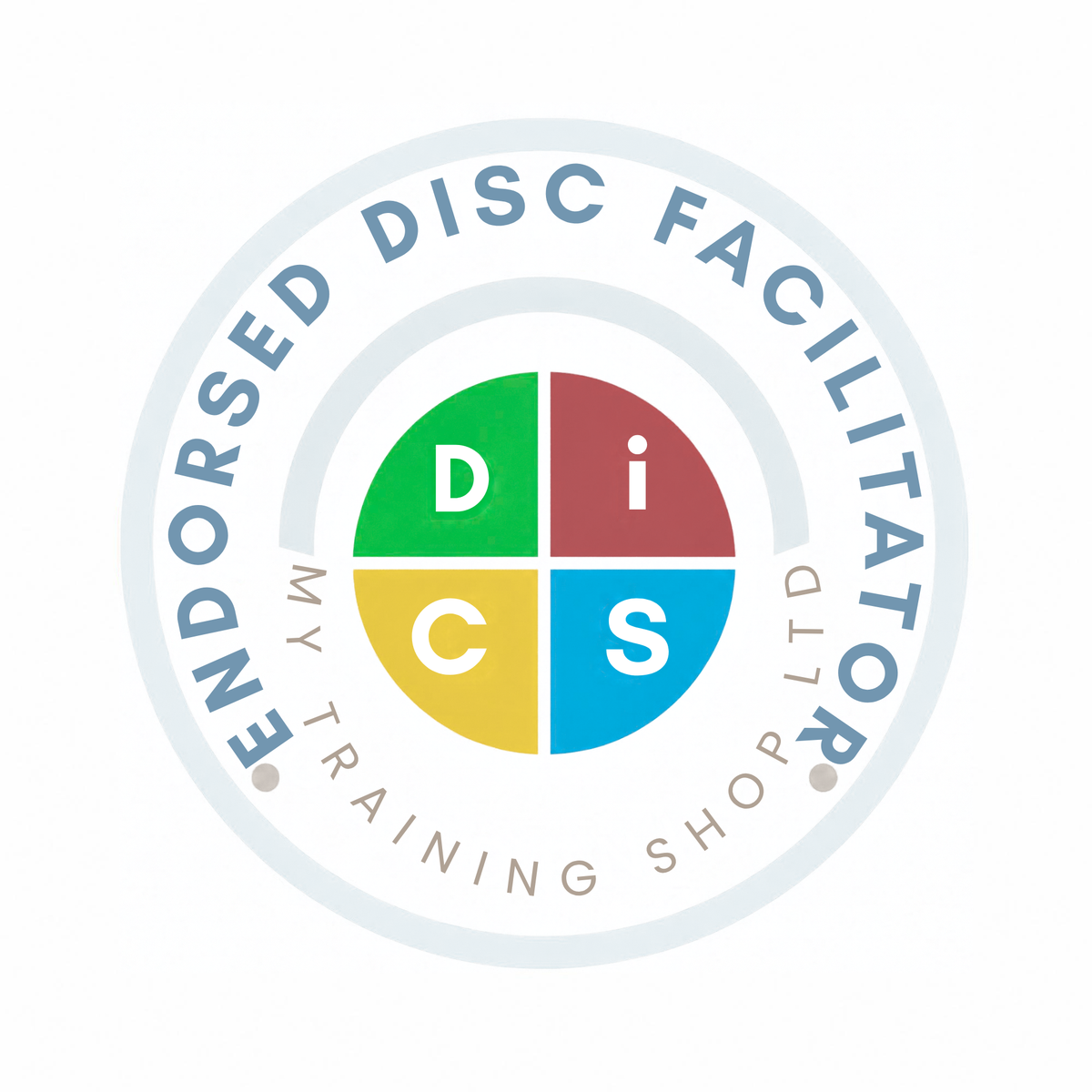 A circular logo with the words 'ENDORSED DISC FACILITATOR' around a four-quadrant center in green, maroon, yellow, and blue, with 'MY TRAINING SHOP LTD' curved along the bottom.