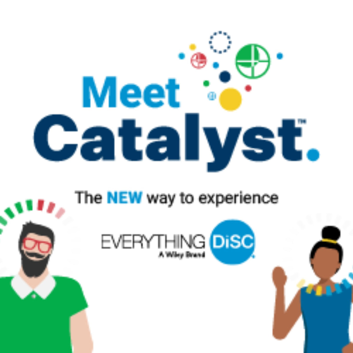 Promotional graphic for 'Meet Catalyst' featuring the text 'The NEW way to experience' and 'EVERYTHING DiSC A Wiley Brand' with cartoon illustrations of two people on a white background.