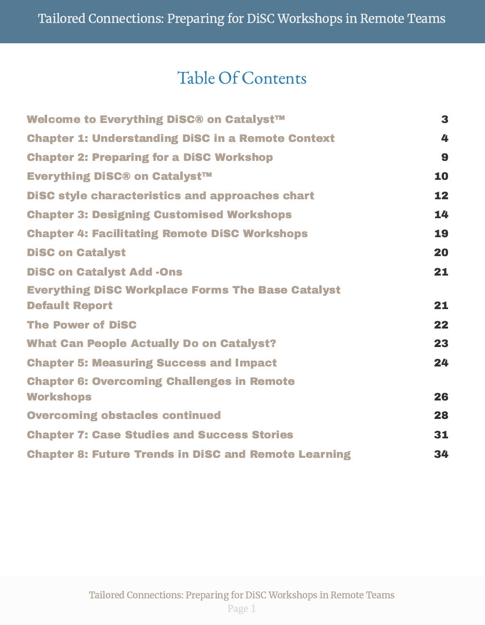 A table of contents page from a guide titled 'Tailored Connections: Preparing for DISC Workshops in Remote Teams'. The page has a dark blue header and lists chapter titles with page numbers in a clean, readable font on a white background.