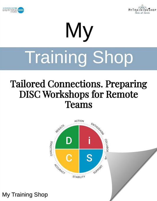 A digital cover page for a training workshop resource titled 'My Training Shop: Tailored Connections. Preparing DISC Workshops for Remote Teams'.